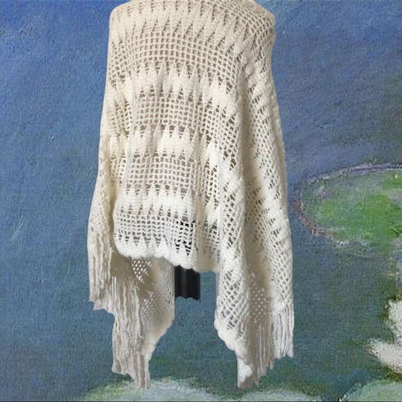 Cream Crocheted Shawl with Fringe - Picture 2 of 6